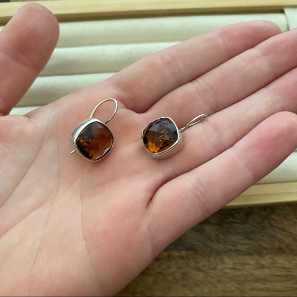 Vintage 925 Sterling Silver Amber Cushion Drop Wire Hook Earrings - Picture 7 of 12